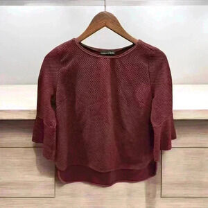 Zara Burgundy Wine Bell SleeveTextured Knit Dot Pattern Hi-Low Hem Size L Large